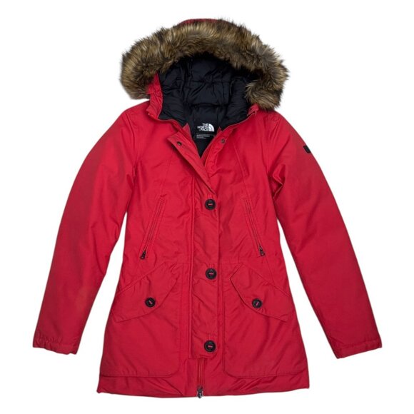 THE NORTH FACE Goose Down Long Red Winter Puffer Parka Jacket Coat Womens XS - Picture 2 of 8